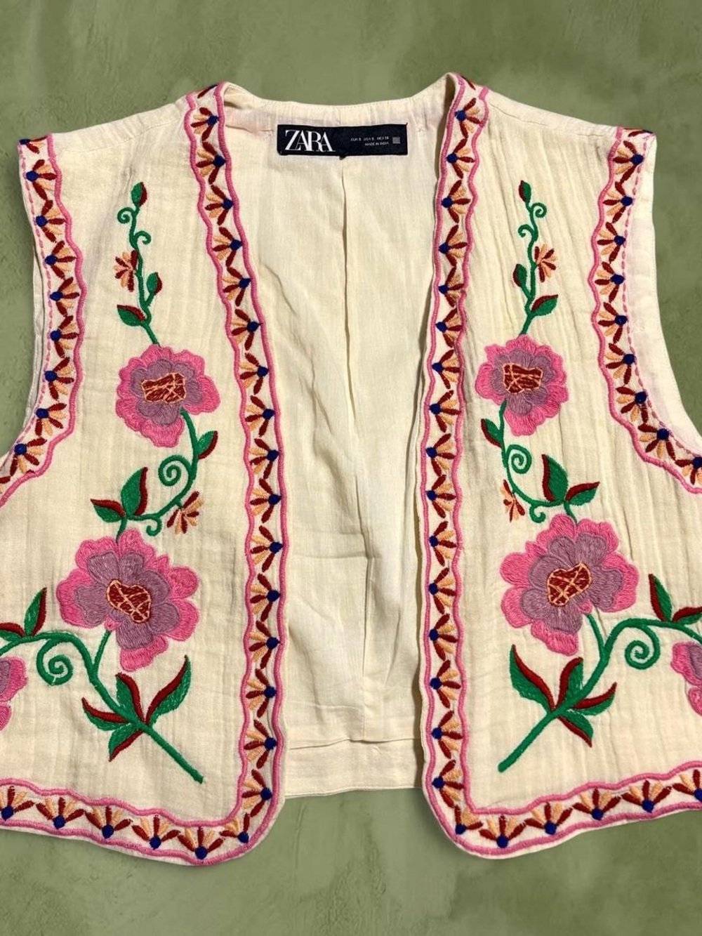 Zara Cream Embroidered Floral Vest with Pink Accents